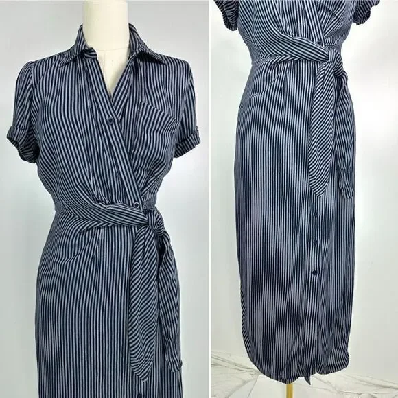 Garnet Hill Anya Tie-Front Crêpe Dress Size 0 Stripes - Picture 7 of 12